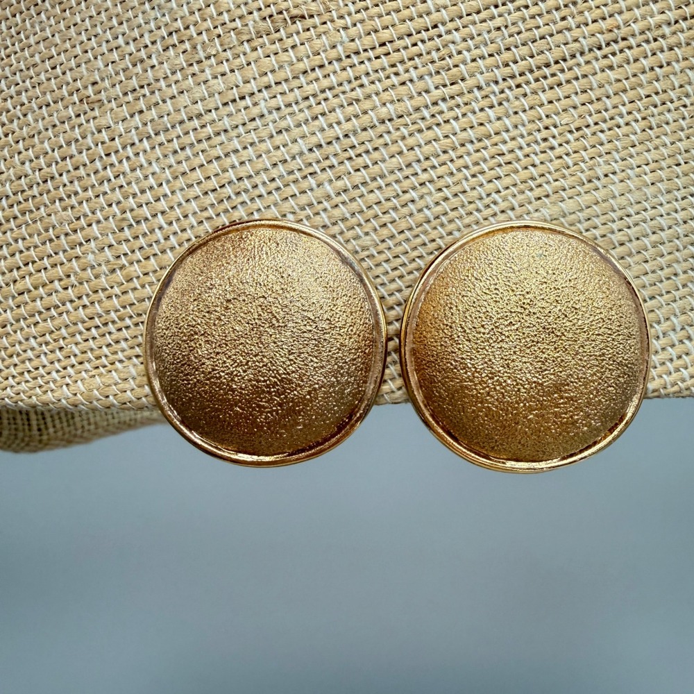 St John Vintage Gold‎ Tone Textured Round Dome Clip On Earrings Signed Statement